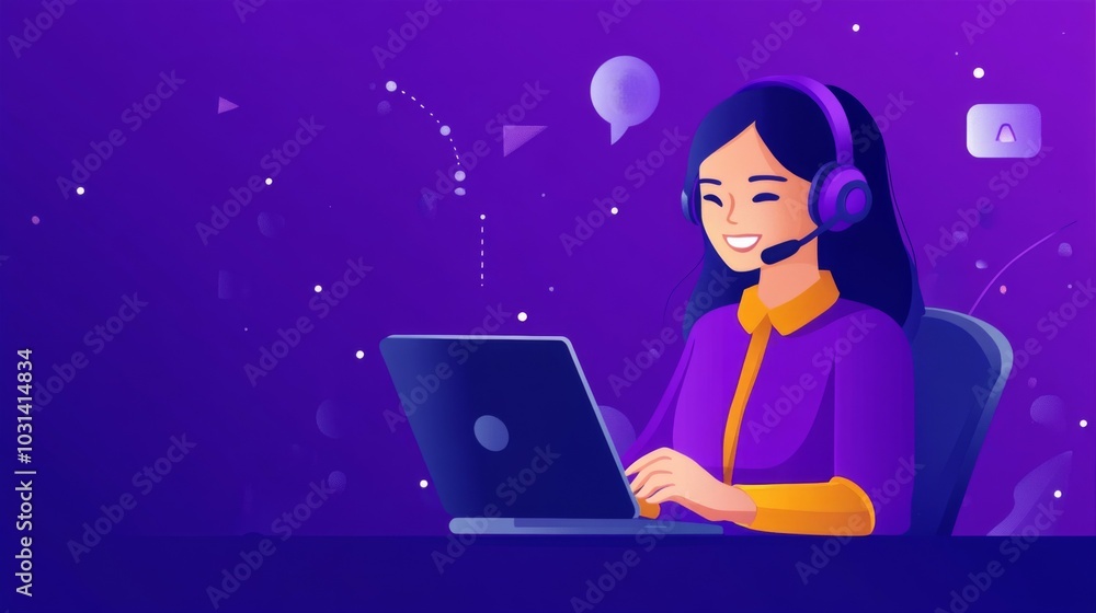 Poster smiling customer service representative with headset working on laptop