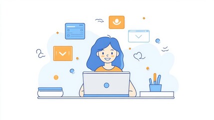 Smiling Woman Working on Laptop with Colorful Icons