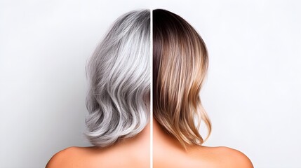Fototapeta premium Aging woman with thinning gray hair, visibly reversing into a youthful self, dark hair flowing, skin glowing without age marks