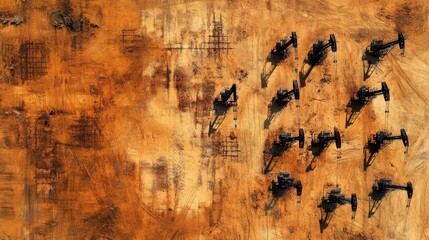 Pumpjacks Working in Desert Landscape - Aerial View of Oil Extraction