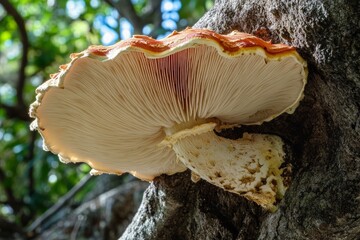 A single large mushroom growing from a tree, its gills visible underneath the cap