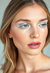 Fototapeta premium A close-up image showcasing a woman's face with soft pink and white makeup, depicting elegance and serenity. Her eyes are closed, highlighting precise eyeliner and lush eyelashes.