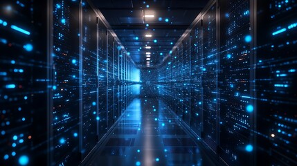 A modern data center with holographic data streams connecting server racks, glowing with neon blue lights against a dark, sleek background.