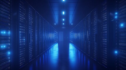 Fototapeta premium A modern data center with holographic data streams connecting server racks, glowing with neon blue lights against a dark, sleek background.