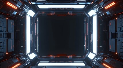 Obraz premium Futuristic Sci Fi Frame A4 Page Template with Neon Lights and Metallic Lines