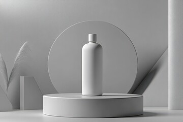 White Bottle on Minimalist Podium with Geometric Shapes.