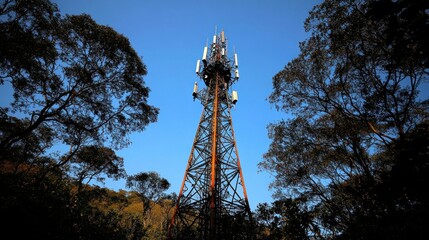 A telecommunications tower surrounded by trees against a blue sky.