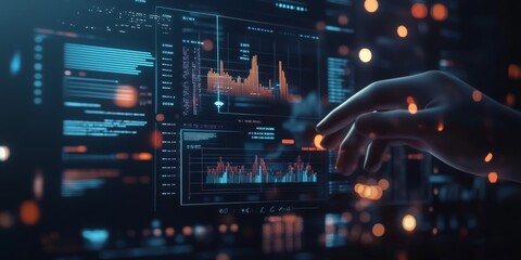 Obraz premium An automated data management system that connects KPIs and indicators to the database for reporting. A computerized business analysis system that uses intelligent AI robots to analyze data.