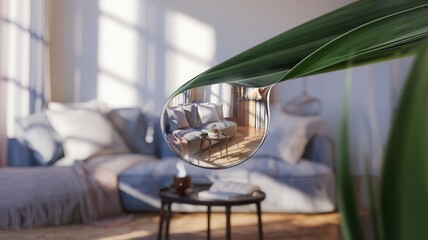 Modern Living Room with Round Mirror and Plants