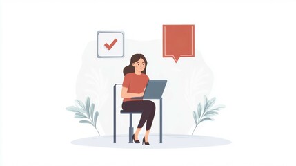 Woman working on a laptop with a checkmark and number 3 in the background