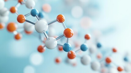 3D model of a molecular chain with detailed organic structures, particles orbiting in dynamic motion, symbolizing advanced biochemistry, Molecular Engineering, Advanced Biology