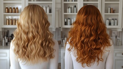 Fototapeta premium Split-screen before-and-after of second-day curls, focusing on the bounce and definition restored by honey, Realistic, Soft Focus, Warm Lighting