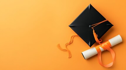 Black graduation cap and rolled diploma with orange ribbon, set against a bold orange background, a perfect symbol of scholarly success, Academic Milestone, Graduation Decor
