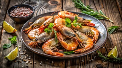 Fresh Raw Shrimps on Gray Plate - Low Light Seafood Photography