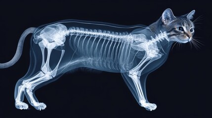 Detailed X-ray image of a cat, highlighting the skeletal structure and veterinary diagnostic technology, set against a dark background, Cat X-ray, Veterinary Science