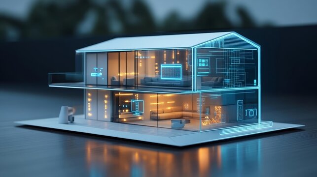 Futuristic smart home with glass walls and modern architecture, integrated with glowing digital interfaces for advanced home automation systems, Smart Home, Modern Architecture