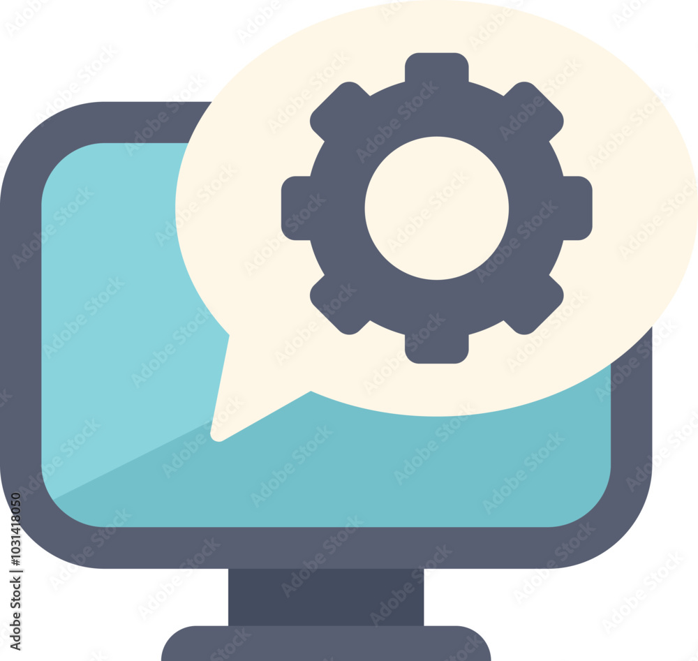 Poster flat design icon of a computer displaying a setting cogwheel inside a speech bubble