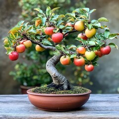 A tiny bonsai fruit tree in a ceramic pot, its branches heavy with miniature apples