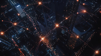 Fototapeta premium Smart digital Innovation city with connection network reciprocity over the cityscape. of future smart wireless digital city and social media networking systems that connects people with in city