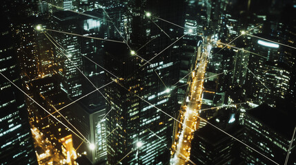 Obraz premium Smart digital Innovation city with connection network reciprocity over the cityscape. of future smart wireless digital city and social media networking systems that connects people with in city