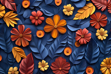 Obraz premium Bold Floral Paper Art with Yellow and Red Blooms on a Deep Blue Background