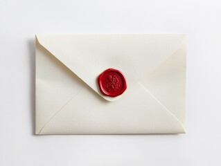 A clean white envelope with a red wax seal, isolated on a white background 