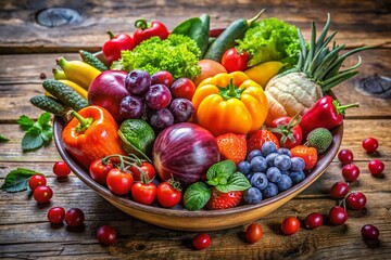 Fresh Seasonal Fruits and Vegetables in Bowl on Rustic Table for Healthy Organic Vegetarian Diet and Nutrition