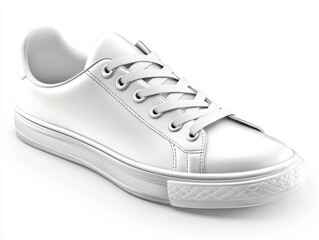 A clean, white sneaker with detailed laces, isolated on a white background