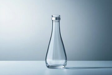 Empty Glass Bottle with Silver Lid on White Table.