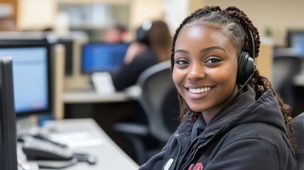 Smiling Black Woman Wearing Headset in an Office Setting