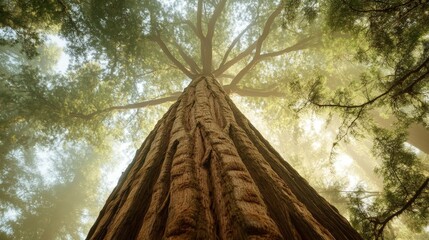 A towering redwood tree in a misty forest, its massive trunk reaching up towards the sky