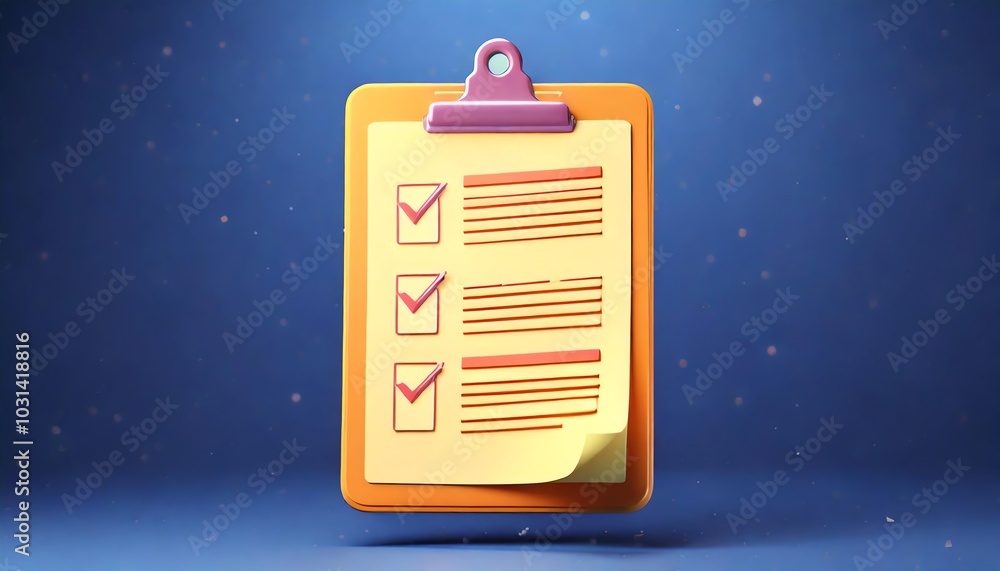 Poster a colorful clipboard with checklists and a sticky note, set against a blue background, symbolizing o