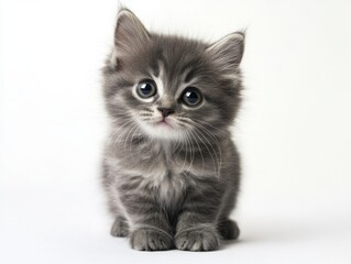 Fototapeta premium A fluffy grey kitten with big eyes, isolated on a white background