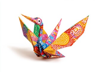 A folded origami crane made from colorful paper, isolated on a white background