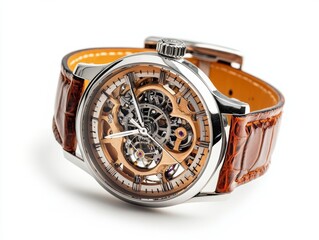 Fototapeta premium A modern wristwatch with a leather strap and visible clockwork, isolated on a white background