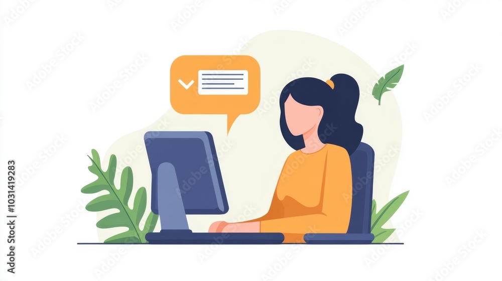 Poster woman working on computer with a check mark notification