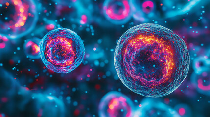 Microscopic view of cells dividing, intricate details of the cell structure, with a wide background for copy space