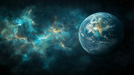 Space exploration concept with a planet, stars, and distant galaxies, with a clear, open area for copy space.