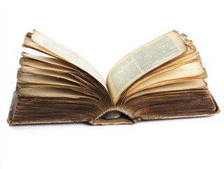 Fototapeta premium A single open book with yellowed pages, isolated on a white background 