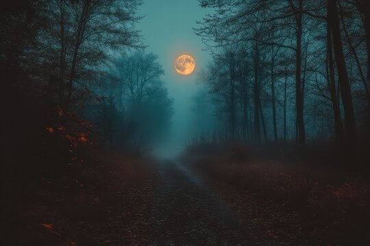 Full Moon Path Through the Foggy Forest.
