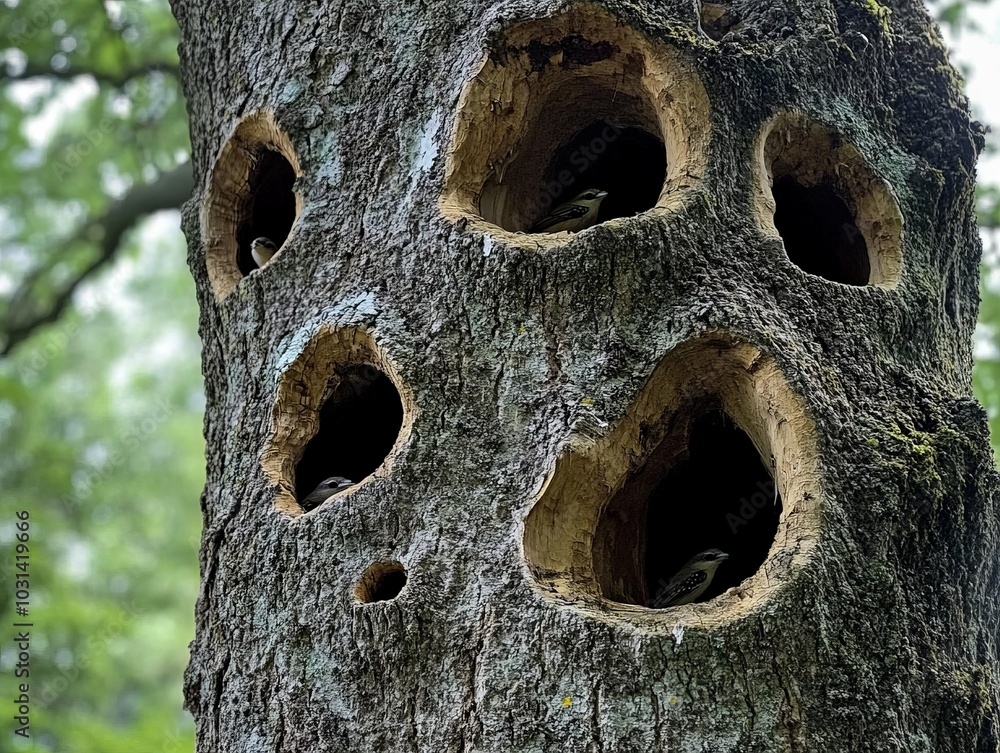 Poster a tree with multiple hollows, creating a habitat for small animals and birds