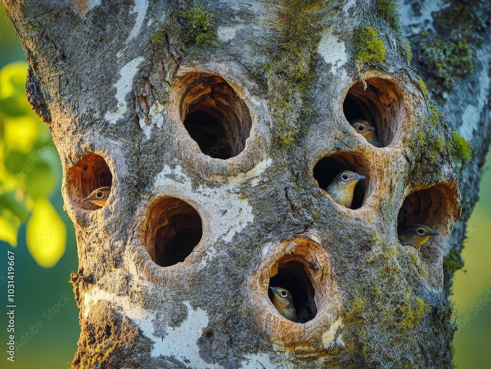 Poster a tree with multiple hollows, creating a habitat for small animals and birds