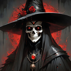 This oil painting showcases a charismatic necromancer with a sly smile, surrounded by a swirl of rich textures and colors. The striking contrast of the dark palette against the warm reds highlights th