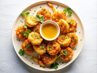 Fototapeta premium Fried Shrimp with Sauce Isolated on White Background - Delicious Seafood Dish Photography