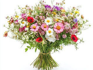 Fototapeta premium A vibrant bouquet of wildflowers, tightly arranged and isolated on a white background