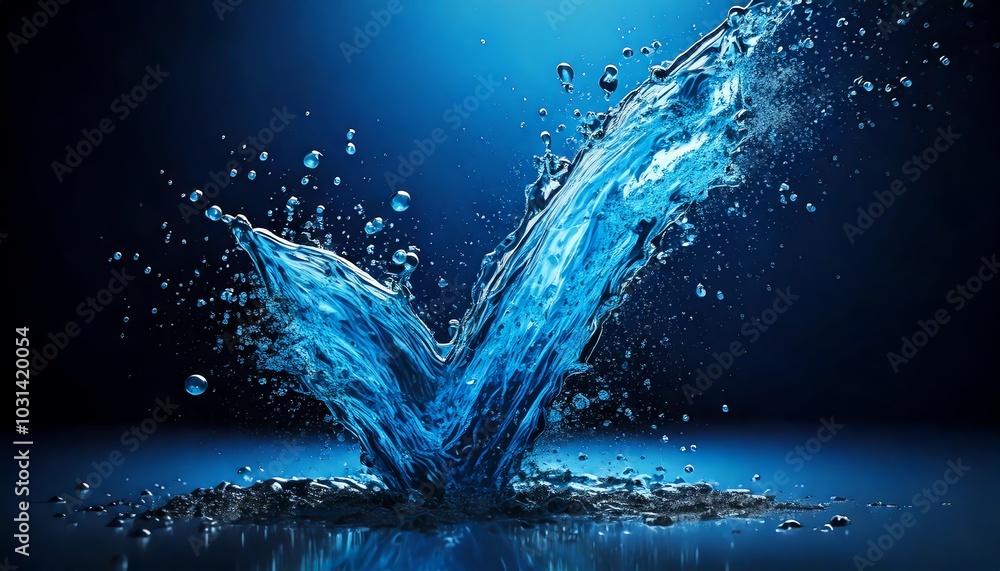 Poster a vibrant splash of water forms a striking 'v' shape against a deep blue background, creating a dyna