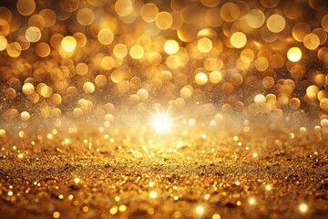Symmetrical abstract gold background with gold particles, sequins, and light bokeh