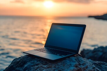 Laptop mockup on a rock with a sea background, blurred sea in the screen of the laptop, blue color scheme, sunset light, minimalistic style, front view