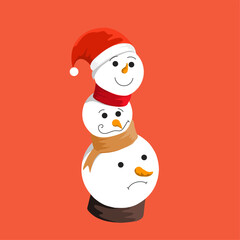 Three cheerful snowmen stack up against a bright orange background. The top snowman wears a red Santa hat, while the middle one sports a festive scarf. The bottom snowman has a subtle frown, adding a 