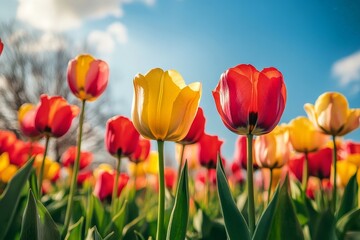 A tulip garden in springtime, bursting with vibrant colors and life